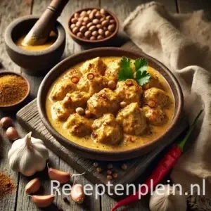 Hyper-realistische foodfoto van Ajam kemirie met malse kipstukken in een romige beige-gele kemiriesaus met zichtbare specerijen en lichte glans. Geserveerd in een rustieke aardewerken kom op een robuuste houten tafel met duidelijke houtnerf. Gegarneerd met rode peper en verse kruiden. Rondom liggen hele kemirinoten, knoflook, een vijzel met kruidenpasta en een linnen doek. Warm natuurlijk daglicht zorgt voor een authentieke premium foodmagazine uitstraling.