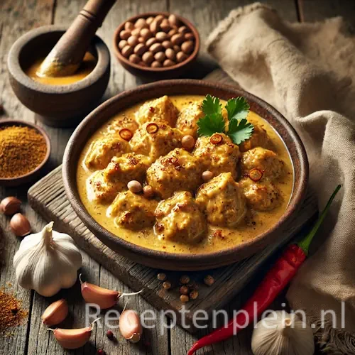 Hyper-realistische foodfoto van Ajam kemirie met malse kipstukken in een romige beige-gele kemiriesaus met zichtbare specerijen en lichte glans. Geserveerd in een rustieke aardewerken kom op een robuuste houten tafel met duidelijke houtnerf. Gegarneerd met rode peper en verse kruiden. Rondom liggen hele kemirinoten, knoflook, een vijzel met kruidenpasta en een linnen doek. Warm natuurlijk daglicht zorgt voor een authentieke premium foodmagazine uitstraling.