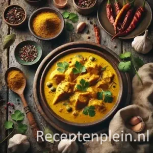 Hyper-realistische foodfoto van Ajam kerrie met malse kipstukken in een romige goudgele kerriesaus met zichtbare specerijen en lichte kokossheen. Geserveerd in een brede aardewerken kom op een rustieke houten tafel met duidelijke houtstructuur. Gegarneerd met verse koriander en rode peper. Rondom staan schaaltjes met kerriepoeder, knoflook, kardemom en specerijen op een beige linnen doek. Warm natuurlijk daglicht zorgt voor een authentieke premium foodmagazine uitstraling.
