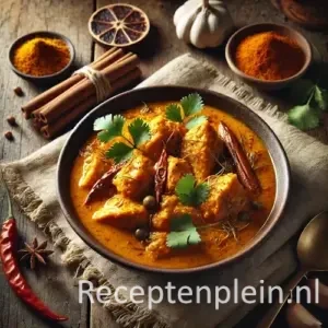 Hyper-realistische foodfoto van Ajam kerrie garoeda met malse kipstukken in een rijke goud-oranje kerriesaus met lichte kokossheen en zichtbare specerijen. Geserveerd in een diepe rustieke keramische kom op een robuuste houten tafel met duidelijke houtnerf. Gegarneerd met verse koriander en rode pepers. Rondom liggen kaneelstokjes, kurkuma, knoflook en schaaltjes met kerriepoeder op een grof linnen doek. Warm natuurlijk daglicht zorgt voor een levendige, premium foodmagazine uitstraling.