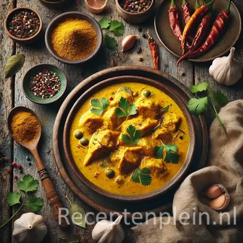 Hyper-realistische foodfoto van Ajam kerrie met malse kipstukken in een romige goudgele kerriesaus met zichtbare specerijen en lichte kokossheen. Geserveerd in een brede aardewerken kom op een rustieke houten tafel met duidelijke houtstructuur. Gegarneerd met verse koriander en rode peper. Rondom staan schaaltjes met kerriepoeder, knoflook, kardemom en specerijen op een beige linnen doek. Warm natuurlijk daglicht zorgt voor een authentieke premium foodmagazine uitstraling.