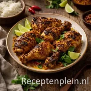 Hyperrealistische voedselfoto van Ajam Ketjap op een rustiek donker keramisch bord op een houten tafel, met vijf gekarameliseerde kippenbouten in glanzende ketjap manis saus, gegarneerd met rode chili, koriander en sesamzaad, met op de achtergrond een kommetje witte rijst, sambal, een linnen doek en een houten lepel in warm natuurlijk licht.