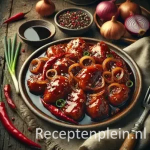 Hyper-realistische foodfoto van Ajam ketjap met malse kipstukken in een dikke, glanzende donkerbruine ketjapsaus met gekarameliseerde uienringen. Geserveerd in een lage keramische schaal op een rustieke houten tafel met duidelijke houtnerf. Rondom liggen knoflook, rode ui, rode pepers, een schaaltje ketjapsaus en peperkorrels op een beige linnen doek. Warm natuurlijk zijlicht zorgt voor een rijke, sfeervolle premium foodmagazine uitstraling.