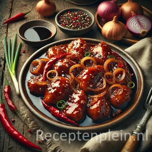 Hyper-realistische foodfoto van Ajam ketjap met malse kipstukken in een dikke, glanzende donkerbruine ketjapsaus met gekarameliseerde uienringen. Geserveerd in een lage keramische schaal op een rustieke houten tafel met duidelijke houtnerf. Rondom liggen knoflook, rode ui, rode pepers, een schaaltje ketjapsaus en peperkorrels op een beige linnen doek. Warm natuurlijk zijlicht zorgt voor een rijke, sfeervolle premium foodmagazine uitstraling.