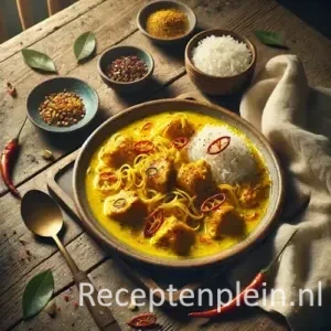 Hyper-realistische foodfoto van Ajam Koening: goudgele kip in een rijke gekruide saus op een rustieke houten tafel. Het gerecht is geserveerd in een aardewerken bord en licht uitgezoomd gefotografeerd, waardoor de houtstructuur duidelijk zichtbaar is. De saus is romig en glanzend, gegarneerd met rode chilipeper en groene kruiden. Naast het bord staan een kom witte rijst, kleine schaaltjes met specerijen, een lepel en een linnen doek, alles belicht met warm natuurlijk licht voor een authentieke premium food magazine uitstraling.