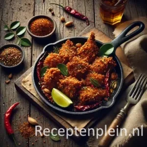 Hyper-realistische foodfoto van Ajam koreng kreng: krokant goudbruin gebakken kipstukken in een zwarte gietijzeren pan op een rustieke houten tafel. De compositie is licht uitgezoomd zodat de houtstructuur duidelijk zichtbaar is. De kip heeft een knapperige kruidige korst en is gegarneerd met rode chilipepers en groene blaadjes. Rondom staan een schaaltje sambal, limoenpartjes, losse specerijen en een linnen doek, sfeervol belicht met warm zijlicht voor een donkere, authentieke premium food magazine uitstraling.