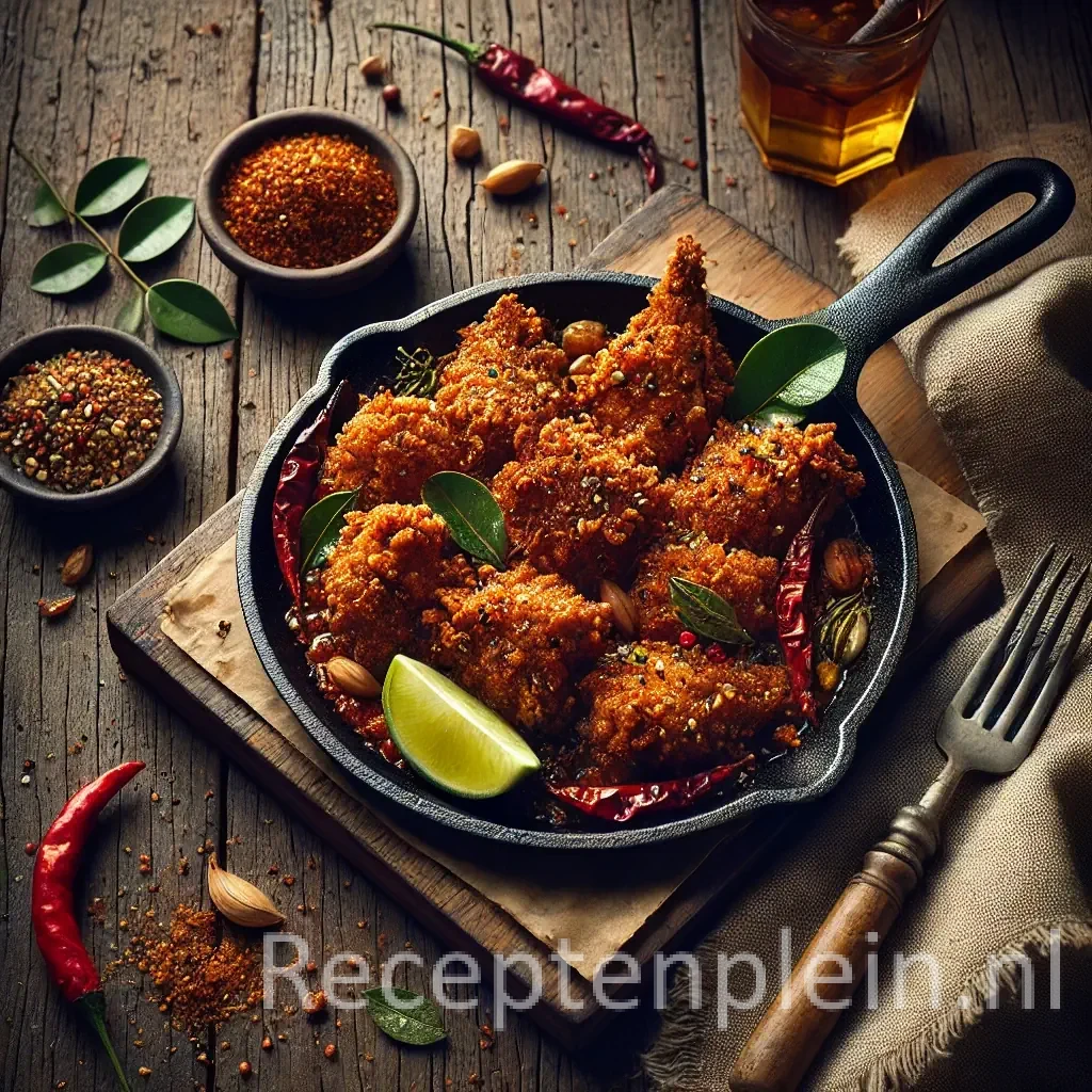 Hyper-realistische foodfoto van Ajam koreng kreng: krokant goudbruin gebakken kipstukken in een zwarte gietijzeren pan op een rustieke houten tafel. De compositie is licht uitgezoomd zodat de houtstructuur duidelijk zichtbaar is. De kip heeft een knapperige kruidige korst en is gegarneerd met rode chilipepers en groene blaadjes. Rondom staan een schaaltje sambal, limoenpartjes, losse specerijen en een linnen doek, sfeervol belicht met warm zijlicht voor een donkere, authentieke premium food magazine uitstraling.