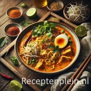 Hyper-realistische foodfoto van Ajam laksa dari Bandoeng: een diepe keramische kom met rijke oranjegele laksa-soep op een rustieke houten tafel. De compositie is licht uitgezoomd en onder een hoek gefotografeerd zodat de houtstructuur goed zichtbaar is. In de kom liggen rijstnoedels, malse kip, een half zachtgekookt ei, taugé en verse kruiden, gegarneerd met rode chili en gebakken uitjes. Rondom staan limoenpartjes, schaaltjes met specerijen, eetstokjes en een linnen doek, verlicht met warm natuurlijk licht voor een levendige premium food magazine uitstraling.