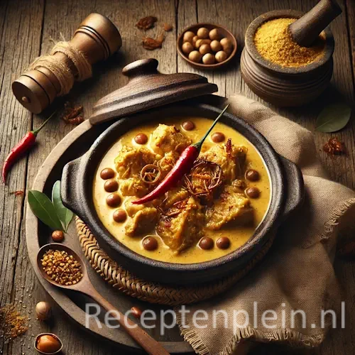 Hyper-realistische foodfoto van Ajam masak kemirie: malse kipstukken in een romige, lichtbruine kemiriesaus geserveerd in een donkere aardewerken pot op een rustieke houten tafel. De compositie is licht uitgezoomd waardoor de houtstructuur goed zichtbaar is. Het gerecht is gegarneerd met rode chilipeper en gebakken uitjes, met rondom hele kemirienoten, specerijen, een vijzel met kruiden en een linnen doek. Warm, iets donkerder natuurlijk licht zorgt voor een sfeervolle, authentieke premium food magazine uitstraling.
