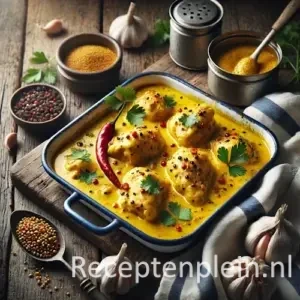 Hyper-realistische foodfoto van Ajam masak mosterd met malse kipstukken in een romige gele mosterdsaus met zichtbare mosterdzaadjes. Geserveerd in een vintage emaille ovenschaal op een rustieke houten tafel met duidelijke houtnerf. Gegarneerd met peterselie en rode peper. Rondom staan schaaltjes grove mosterd, knoflook, specerijen en een blauw-wit gestreepte linnen doek die subtiel verwijst naar maritieme traditie. Warm natuurlijk daglicht zorgt voor een authentieke premium foodmagazine uitstraling.