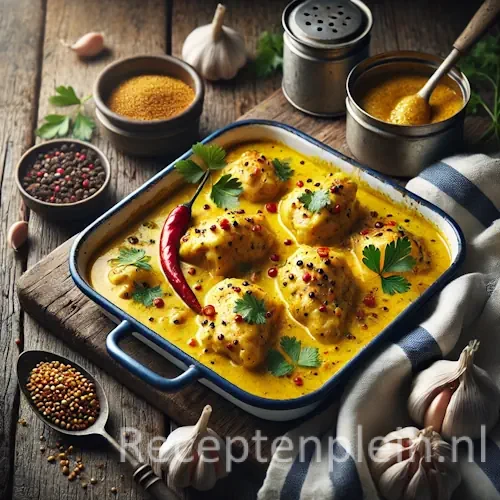 Hyper-realistische foodfoto van Ajam masak mosterd met malse kipstukken in een romige gele mosterdsaus met zichtbare mosterdzaadjes. Geserveerd in een vintage emaille ovenschaal op een rustieke houten tafel met duidelijke houtnerf. Gegarneerd met peterselie en rode peper. Rondom staan schaaltjes grove mosterd, knoflook, specerijen en een blauw-wit gestreepte linnen doek die subtiel verwijst naar maritieme traditie. Warm natuurlijk daglicht zorgt voor een authentieke premium foodmagazine uitstraling.