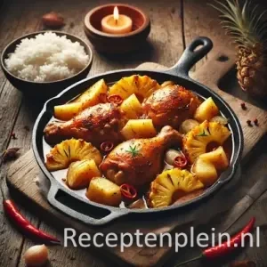 Natuurgetrouwe foodfoto van Ajam nanas geserveerd in een donkere gietijzeren pan op een rustieke houten tafel. Goudbruin gebraden kipstukken liggen in een licht glanzende saus met grove stukken ananas, rode chiliringetjes en zachte ui. Naast de pan staat een eenvoudige keramische kom met witte rijst. Op de tafel liggen losse rode pepers, een halve ananas en subtiele kruimels, gefotografeerd in warm natuurlijk zijlicht met een huiselijke, realistische uitstraling.