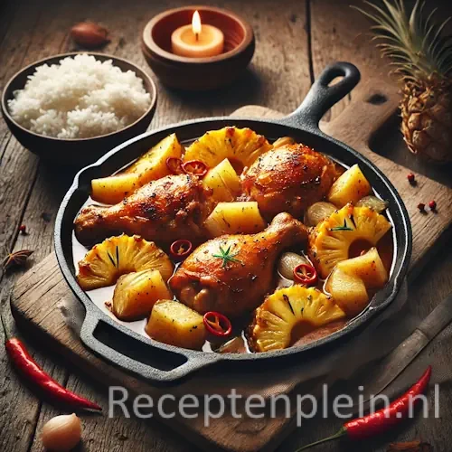 Natuurgetrouwe foodfoto van Ajam nanas geserveerd in een donkere gietijzeren pan op een rustieke houten tafel. Goudbruin gebraden kipstukken liggen in een licht glanzende saus met grove stukken ananas, rode chiliringetjes en zachte ui. Naast de pan staat een eenvoudige keramische kom met witte rijst. Op de tafel liggen losse rode pepers, een halve ananas en subtiele kruimels, gefotografeerd in warm natuurlijk zijlicht met een huiselijke, realistische uitstraling.