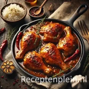 Hyper-realistische foodfoto van geroosterde kip in gekruide saus, geserveerd in een gietijzeren pan op een rustieke houten tafel. De compositie is licht uitgezoomd waardoor de houtstructuur duidelijk zichtbaar is. De kip heeft een goudbruine, gekaramelliseerde huid en is bedekt met een glanzende amberkleurige saus met zichtbare kruiden en chili. Rondom staan een kom witte rijst, geroosterde knoflook, een houten lepel en een linnen doek. Warm avondlicht zorgt voor een gezellige, authentieke premium food magazine uitstraling.