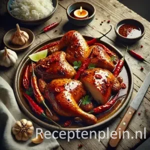 Hyper-realistische foodfoto van Ajam pangang: geroosterde kipstukken met goudbruine, licht gekaramelliseerde huid in een glanzende gekruide saus, geserveerd op een keramisch bord op een rustieke houten tafel. De compositie is licht uitgezoomd zodat de houtstructuur duidelijk zichtbaar is. De kip heeft zichtbare grill- en roosterplekjes en is gegarneerd met rode chilipepers en groene kruiden. Rondom staan een kom witte rijst, knoflookbollen, een limoenpartje, een houten mes en een linnen doek, sfeervol belicht met warm natuurlijk licht voor een authentieke premium food magazine uitstraling.