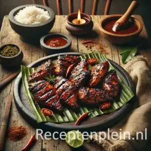 Hyper-realistische foodfoto van Ajam pangang boemboe besengek: gegrilde kipstukken met duidelijke grillstrepen, bedekt met een donkere glanzende kruidensaus, geserveerd op een bananenblad op een zware stenen schaal. De schaal staat op een rustieke houten tafel en de compositie is licht uitgezoomd zodat de houtstructuur zichtbaar is. De kip is gekaramelliseerd en licht aangebrand aan de randen, gegarneerd met rode chilipepers en groene blaadjes. Rondom staan een kom witte rijst, vijzels met kruidenpasta, limoenpartjes en een grof linnen doek, sfeervol verlicht met warm avondlicht voor een authentieke premium food magazine uitstraling.