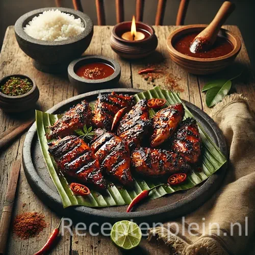 Hyper-realistische foodfoto van Ajam pangang boemboe besengek: gegrilde kipstukken met duidelijke grillstrepen, bedekt met een donkere glanzende kruidensaus, geserveerd op een bananenblad op een zware stenen schaal. De schaal staat op een rustieke houten tafel en de compositie is licht uitgezoomd zodat de houtstructuur zichtbaar is. De kip is gekaramelliseerd en licht aangebrand aan de randen, gegarneerd met rode chilipepers en groene blaadjes. Rondom staan een kom witte rijst, vijzels met kruidenpasta, limoenpartjes en een grof linnen doek, sfeervol verlicht met warm avondlicht voor een authentieke premium food magazine uitstraling.
