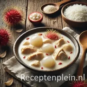 Natuurgetrouwe foodfoto van Ajam santen dengan ramboetan in een aardewerken kom op een rustieke houten tafel. Stukken kip liggen in een romige, lichtgekleurde kokossaus met subtiele oliedruppels aan de oppervlakte. Gepelde ramboetan vruchten met glanzend, wit vruchtvlees zijn zichtbaar in de saus. Op de tafel liggen hele rode ramboetans met stekelige schil, een kom witte rijst en een houten lepel met sausresten. Gefotografeerd in helder natuurlijk daglicht met een frisse, tropische en huiselijke uitstraling.
