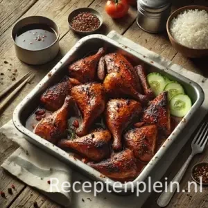 Natuurgetrouwe foodfoto van Ajam pangang boemboe ketjap geserveerd in een eenvoudige metalen ovenschaal op een rustieke houten tafel. Donkerbruin geroosterde kipstukken zijn bedekt met een kleverige ketjapglazuur met gekaramelliseerde randjes en zichtbare stukjes gebakken ui. In de schaal ligt een laag saus met lichte vetsporen langs de randen. Ernaast staan een kom witte rijst, plakjes komkommer en tomaat en een klein metalen schaaltje met extra saus, gefotografeerd in zacht natuurlijk daglicht met een sobere, praktische uitstraling.