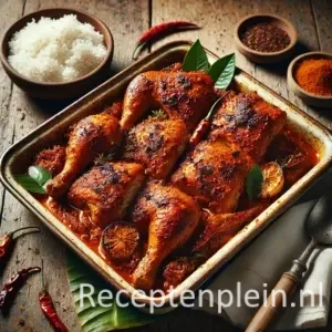Natuurgetrouwe foodfoto van Ajam pangang boemboe padang geserveerd in een licht verweerde keramische ovenschaal op een rustieke houten tafel. Geroosterde kipstukken zijn bedekt met een dikke, oranje-rode Padang kruidenpasta met zichtbare chilivlokken en stukjes ui. De saus is licht olieachtig en ongelijk verdeeld voor een huiselijke uitstraling. Onder de schaal ligt deels een bananenblad en ernaast staan een kom witte rijst, rode pepers en een houten lepel met kruidenresten, gefotografeerd in helder natuurlijk daglicht met zachte schaduwen.