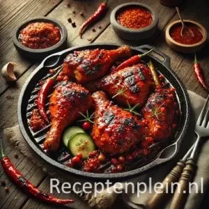 Natuurgetrouwe foodfoto van Ajam pangang pedis geserveerd in een gietijzeren grillpan op een rustieke houten tafel. Geroosterde kipstukken met duidelijke grillstrepen zijn bedekt met een kleverige, dieprode sambalsaus met zichtbare chilizaadjes en lichte karamellisatie. Rondom liggen schaaltjes extra sambal, verse rode pepers en plakjes komkommer. Het gerecht is gefotografeerd in warm, gericht licht met een stoere, rokerige grillsfeer en subtiele sausspatten voor een authentieke, huiselijke uitstraling.