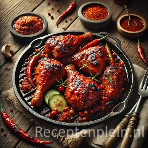 Natuurgetrouwe foodfoto van Ajam pangang pedis geserveerd in een gietijzeren grillpan op een rustieke houten tafel. Geroosterde kipstukken met duidelijke grillstrepen zijn bedekt met een kleverige, dieprode sambalsaus met zichtbare chilizaadjes en lichte karamellisatie. Rondom liggen schaaltjes extra sambal, verse rode pepers en plakjes komkommer. Het gerecht is gefotografeerd in warm, gericht licht met een stoere, rokerige grillsfeer en subtiele sausspatten voor een authentieke, huiselijke uitstraling.