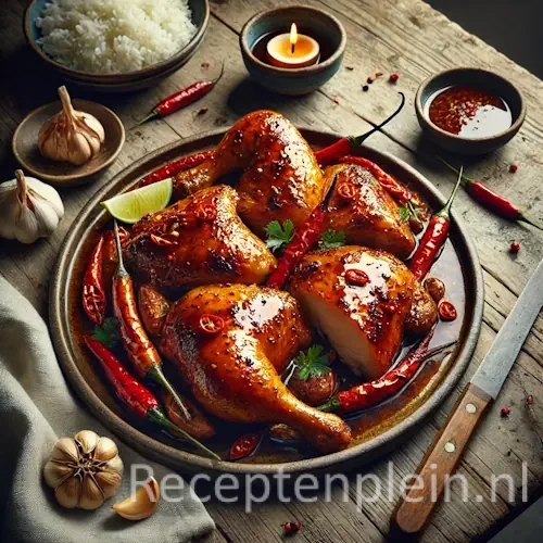 Hyper-realistische foodfoto van Ajam pangang: geroosterde kipstukken met goudbruine, licht gekaramelliseerde huid in een glanzende gekruide saus, geserveerd op een keramisch bord op een rustieke houten tafel. De compositie is licht uitgezoomd zodat de houtstructuur duidelijk zichtbaar is. De kip heeft zichtbare grill- en roosterplekjes en is gegarneerd met rode chilipepers en groene kruiden. Rondom staan een kom witte rijst, knoflookbollen, een limoenpartje, een houten mes en een linnen doek, sfeervol belicht met warm natuurlijk licht voor een authentieke premium food magazine uitstraling.
