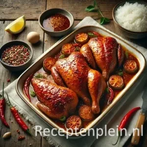 Hyper-realistische foodfoto van Ajam pangang: gekruide kip uit de oven met goudbruine, knapperige huid en glanzende gekaramelliseerde saus, geserveerd in een ovale keramische ovenschaal op een rustieke houten tafel. De compositie is licht uitgezoomd waardoor de houtstructuur duidelijk zichtbaar is. De kip is gegarneerd met rode chilipepers en verse groene kruiden. Rondom staan een kom witte rijst, een schaaltje saus, een citroenpartje en een linnen doek, verlicht met helder natuurlijk daglicht voor een frisse premium food magazine uitstraling.