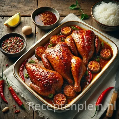 Hyper-realistische foodfoto van Ajam pangang: gekruide kip uit de oven met goudbruine, knapperige huid en glanzende gekaramelliseerde saus, geserveerd in een ovale keramische ovenschaal op een rustieke houten tafel. De compositie is licht uitgezoomd waardoor de houtstructuur duidelijk zichtbaar is. De kip is gegarneerd met rode chilipepers en verse groene kruiden. Rondom staan een kom witte rijst, een schaaltje saus, een citroenpartje en een linnen doek, verlicht met helder natuurlijk daglicht voor een frisse premium food magazine uitstraling.