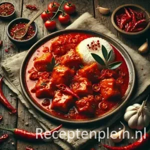 Hyper-realistische foodfoto van Ajam pedis: kipstukken in een felrode pikante kruidensaus geserveerd op een breed keramisch bord op een rustieke houten tafel. De compositie is licht uitgezoomd waardoor de houtstructuur duidelijk zichtbaar is. De saus glanst met chili-olie en bevat zichtbare chilivlokken en specerijen. Het gerecht is gegarneerd met rode peperringetjes en groene blaadjes. Rondom staan een kom witte rijst, knoflooktenen, hele rode pepers en een linnen doek, sfeervol belicht met warm, krachtig licht voor een energieke premium food magazine uitstraling.