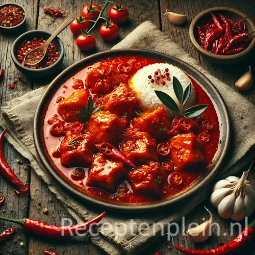 Hyper-realistische foodfoto van Ajam pedis: kipstukken in een felrode pikante kruidensaus geserveerd op een breed keramisch bord op een rustieke houten tafel. De compositie is licht uitgezoomd waardoor de houtstructuur duidelijk zichtbaar is. De saus glanst met chili-olie en bevat zichtbare chilivlokken en specerijen. Het gerecht is gegarneerd met rode peperringetjes en groene blaadjes. Rondom staan een kom witte rijst, knoflooktenen, hele rode pepers en een linnen doek, sfeervol belicht met warm, krachtig licht voor een energieke premium food magazine uitstraling.