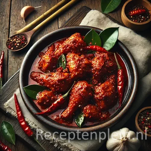 Hyper-realistische foodfoto van Ajam peniki: kipstukken rijkelijk bedekt met een dikke, felrode pikante kruidensaus in een donkere aardewerken schaal op een rustieke houten tafel. De compositie is licht uitgezoomd waardoor de houtstructuur goed zichtbaar is. De saus glanst met een lichte olieachtige sheen en toont zichtbare specerijen en chili. Het gerecht is gegarneerd met rode pepers en groene blaadjes. Rondom staan een kom witte rijst, knoflook, citroengras en een linnen doek, sfeervol belicht met warm tropisch daglicht voor een krachtige premium food magazine uitstraling.