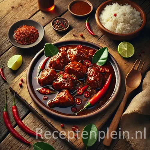 Hyper-realistische foodfoto van Ajam petis: kipstukken bedekt met een dikke, donkerbruine glanzende petissaus geserveerd op een aardewerken bord op een rustieke houten tafel. De compositie is licht uitgezoomd zodat de houtstructuur duidelijk zichtbaar is. De saus oogt stroperig en rijk, gegarneerd met rode chilipepers, limoenpartjes en groene blaadjes. Rondom staan een kom witte rijst, een schaaltje sambal, specerijen en een houten lepel, verlicht met warm namiddaglicht voor een diepe, authentieke premium food magazine uitstraling.
