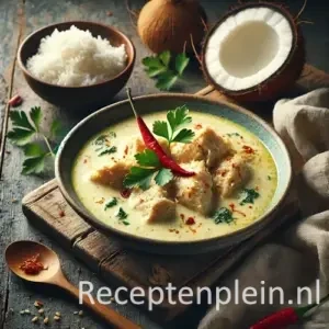 Hyper-realistische foodfoto van Ajam santen: malse kipstukken in een romige witte kokossaus met lichte gouden tint, geserveerd in een licht keramisch bord op een rustieke houten tafel. De compositie is licht uitgezoomd zodat de houtstructuur goed zichtbaar is. Het gerecht is gegarneerd met rode chilipeper en verse groene kruiden. Op de achtergrond staan een kom witte rijst, een geopende kokosnoot, een houten lepel en een linnen doek, belicht met zacht natuurlijk ochtendlicht voor een warme, huiselijke premium food magazine uitstraling.