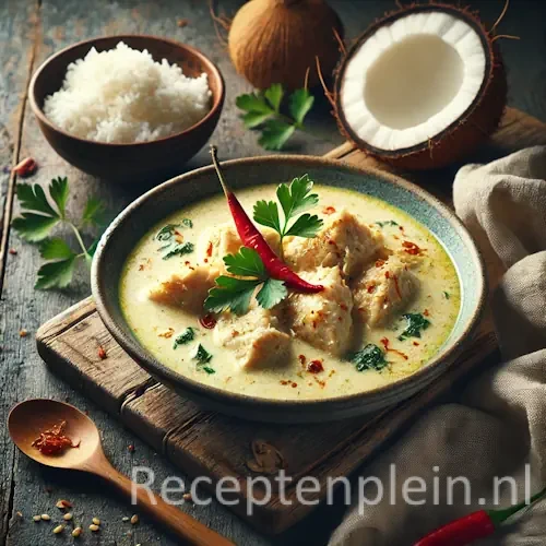 Hyper-realistische foodfoto van Ajam santen: malse kipstukken in een romige witte kokossaus met lichte gouden tint, geserveerd in een licht keramisch bord op een rustieke houten tafel. De compositie is licht uitgezoomd zodat de houtstructuur goed zichtbaar is. Het gerecht is gegarneerd met rode chilipeper en verse groene kruiden. Op de achtergrond staan een kom witte rijst, een geopende kokosnoot, een houten lepel en een linnen doek, belicht met zacht natuurlijk ochtendlicht voor een warme, huiselijke premium food magazine uitstraling.