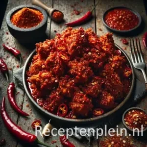 Natuurgetrouwe foodfoto van Ajam setan, pittige gefrituurde kip bedekt met grove rode sambal, geserveerd op een donkere keramische schaal op een rustieke houten tafel. De krokante kipstukken zijn rijkelijk bedekt met chilivlokken en zaadjes, met kruimels en stukjes sambal verspreid op tafel. Op de achtergrond staan een vijzel met extra sambal, verse rode pepers en knoflooktenen. Gefotografeerd in dramatisch zijlicht met diepe schaduwen voor een intense, streetfood-uitstraling.