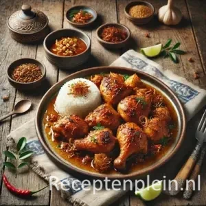 Hyper-realistische foodfoto van Ajam spesial: malse kipstukken in een rijke goudbruine gekruide saus met lichte karamellisatie, geserveerd op een rond keramisch bord op een rustieke houten tafel. De compositie is licht uitgezoomd zodat de houtstructuur duidelijk zichtbaar is. De kip glanst van de saus en is gegarneerd met gebakken uitjes, rode chilipepers en verse groene kruiden. Naast het gerecht staan een portie witte rijst, limoenpartjes, kleine schaaltjes met saus en specerijen en een linnen doek, verlicht met warm natuurlijk daglicht voor een luxe premium food magazine uitstraling.