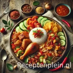 Hyper-realistische foodfoto van Ajam tjampoer: een kleurrijke Indonesische kipcombinatie met zowel goudbruin gebakken als in kruidige saus gestoofde kipstukken, geserveerd op een groot rond keramisch bord op een rustieke houten tafel. De compositie is licht uitgezoomd zodat de houtstructuur duidelijk zichtbaar is. Het gerecht is aangevuld met komkommerplakken, tomaten, gebakken uitjes en rode chilipepers. In het midden ligt een portie witte rijst. Rondom staan kleine schaaltjes met specerijen, bestek en een linnen doek, verlicht met helder natuurlijk licht voor een levendige premium food magazine uitstraling.