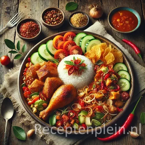 Hyper-realistische foodfoto van Ajam tjampoer: een kleurrijke Indonesische kipcombinatie met zowel goudbruin gebakken als in kruidige saus gestoofde kipstukken, geserveerd op een groot rond keramisch bord op een rustieke houten tafel. De compositie is licht uitgezoomd zodat de houtstructuur duidelijk zichtbaar is. Het gerecht is aangevuld met komkommerplakken, tomaten, gebakken uitjes en rode chilipepers. In het midden ligt een portie witte rijst. Rondom staan kleine schaaltjes met specerijen, bestek en een linnen doek, verlicht met helder natuurlijk licht voor een levendige premium food magazine uitstraling.