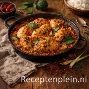 Hyperrealistische foodfoto van Bebotok Ajam in een zwarte gietijzeren pan op een rustieke houten tafel, met kip gestoofd in rijke kokos- en chilisaus, gegarneerd met kaffir limoenblaadjes en verse kruiden, omringd door rode pepers, citroengras en een linnen doek in warm natuurlijk zijlicht.