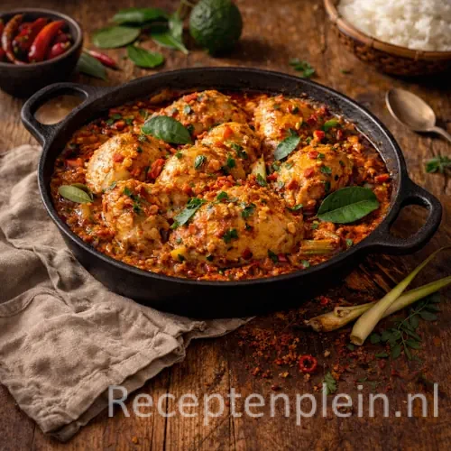 Hyperrealistische foodfoto van Bebotok Ajam in een zwarte gietijzeren pan op een rustieke houten tafel, met kip gestoofd in rijke kokos- en chilisaus, gegarneerd met kaffir limoenblaadjes en verse kruiden, omringd door rode pepers, citroengras en een linnen doek in warm natuurlijk zijlicht.