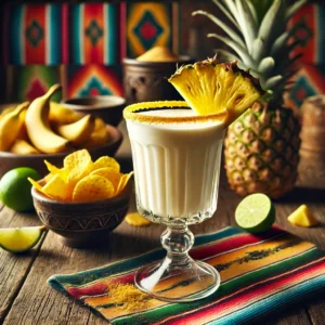 Een stijlvol gepresenteerde Elephant Milk cocktail, geserveerd in een elegant glas op een rustieke houten tafel. De romige, lichtgele drank is gegarneerd met een verse ananasschijf en subtiel bestrooid met een vleugje milde kerriepoeder. Naast het glas liggen enkele bananenchips. De setting is sfeervol aangekleed met kleurrijke decoratieve patronen, tropische fruitschijfjes en warm sfeervol licht. 🍍🥥✨