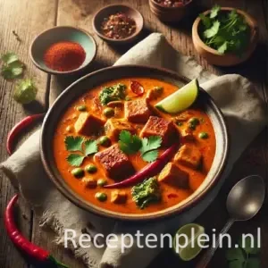 Hyperrealistisch foodbeeld van Carre Laksa Saus in een diepe keramische kom op een rustieke houten tafel, licht uitgezoomd zodat de tafel duidelijk zichtbaar is. De romige oranjerode laksa saus bevat blokjes vlees en groenten, gegarneerd met verse koriander, rode chilipeper en een partje limoen. Rondom liggen subtiel verse kruiden, kleine schaaltjes met specerijen, een linnen doek en een lepel in warm natuurlijk zijlicht met een premium foodmagazine uitstraling.