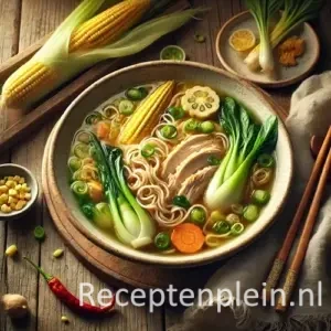 Hyper-realistische foodfoto van Chinese kippensoep met jonge maïs in een brede keramische kom met heldere goudkleurige bouillon, malse kipreepjes, noedels, babymaïs, paksoi, wortelschijfjes en lente-ui. De kom staat licht uitgezoomd op een rustieke houten tafel met verse maïskolf, rode peper, gember, linnen servet en houten eetstokjes, sfeervol verlicht met warm natuurlijk licht in premium foodmagazine stijl.