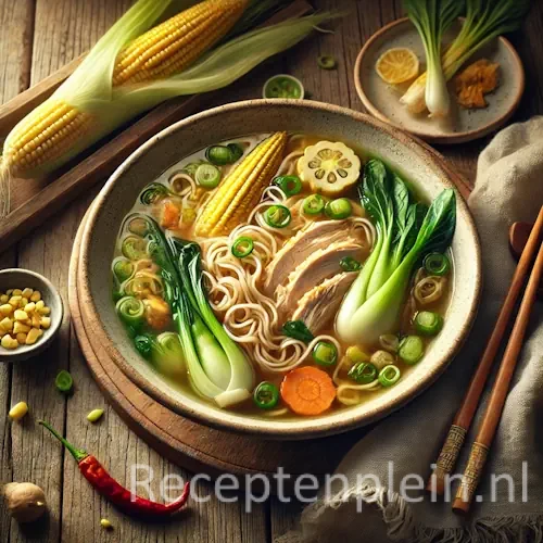 Hyper-realistische foodfoto van Chinese kippensoep met jonge maïs in een brede keramische kom met heldere goudkleurige bouillon, malse kipreepjes, noedels, babymaïs, paksoi, wortelschijfjes en lente-ui. De kom staat licht uitgezoomd op een rustieke houten tafel met verse maïskolf, rode peper, gember, linnen servet en houten eetstokjes, sfeervol verlicht met warm natuurlijk licht in premium foodmagazine stijl.