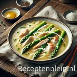 Natuurgetrouwe foodfoto van Chinese kippensoep met asperges en krab in een eenvoudige keramische kom op een rustieke houten tafel. De heldere goudkleurige bouillon bevat dunne reepjes kip, stukjes witte asperge, zachte slierten ei en fijne plukjes krab, losjes verdeeld zonder overdreven glans. Lichte druppels aan de rand van de kom zorgen voor een realistisch effect. Houten eetstokjes en een Chinese soeplepel liggen naast een licht gekreukte linnen doek, zacht belicht door natuurlijk raamlicht in warme, ingetogen tinten.