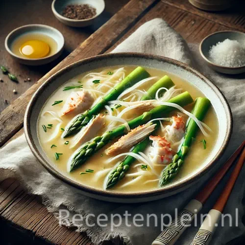 Natuurgetrouwe foodfoto van Chinese kippensoep met asperges en krab in een eenvoudige keramische kom op een rustieke houten tafel. De heldere goudkleurige bouillon bevat dunne reepjes kip, stukjes witte asperge, zachte slierten ei en fijne plukjes krab, losjes verdeeld zonder overdreven glans. Lichte druppels aan de rand van de kom zorgen voor een realistisch effect. Houten eetstokjes en een Chinese soeplepel liggen naast een licht gekreukte linnen doek, zacht belicht door natuurlijk raamlicht in warme, ingetogen tinten.