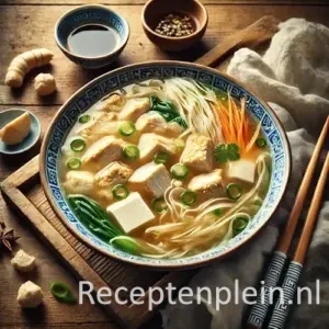 Hyperrealistische foodfoto van Chinese kippensoep met tahoe in een blauw-wit keramische kom op een rustieke houten tafel, licht uitgezoomd zodat het tafelblad duidelijk zichtbaar is. De heldere goudkleurige bouillon bevat stukjes kip, witte blokjes tahoe, lente-ui, Chinese kool en fijne wortelreepjes. Er liggen houten eetstokjes naast de kom, samen met gember, een schaaltje sojasaus en een linnen doek, vastgelegd in warm natuurlijk daglicht met een premium foodmagazine uitstraling.
