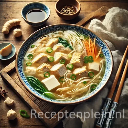 Hyperrealistische foodfoto van Chinese kippensoep met tahoe in een blauw-wit keramische kom op een rustieke houten tafel, licht uitgezoomd zodat het tafelblad duidelijk zichtbaar is. De heldere goudkleurige bouillon bevat stukjes kip, witte blokjes tahoe, lente-ui, Chinese kool en fijne wortelreepjes. Er liggen houten eetstokjes naast de kom, samen met gember, een schaaltje sojasaus en een linnen doek, vastgelegd in warm natuurlijk daglicht met een premium foodmagazine uitstraling.