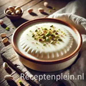 Alt-tekst: Firnee met rozenwater en pistachenoten op een rustieke houten tafel